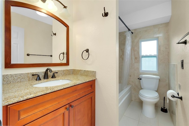 full bathroom featuring toilet, shower / bath combo, vanity, and tile patterned floors