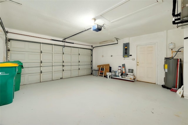 garage featuring electric water heater, electric panel, and a garage door opener