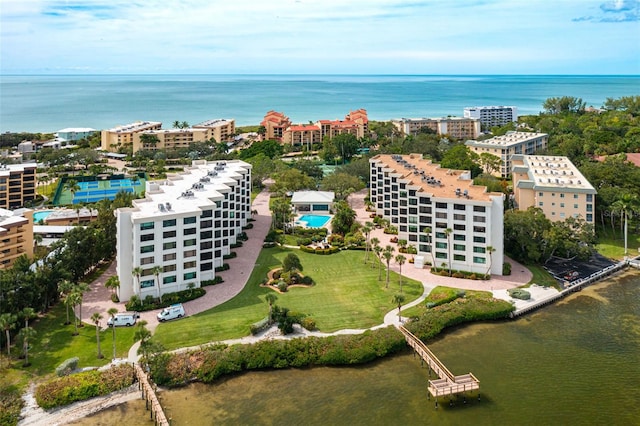 aerial view featuring a water view