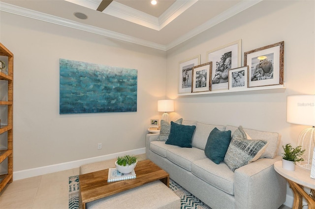 living room with light tile patterned floors and crown molding