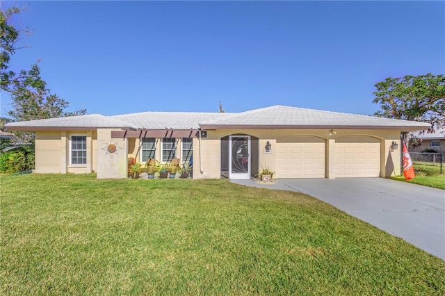 single story home with a front yard and a garage