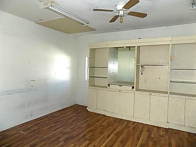 interior space featuring ceiling fan and dark wood-type flooring