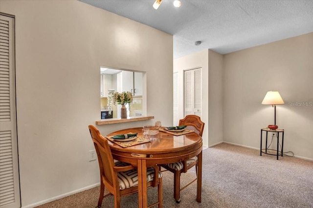 carpeted dining room featuring a textured ceiling