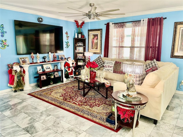 living room featuring ceiling fan and crown molding