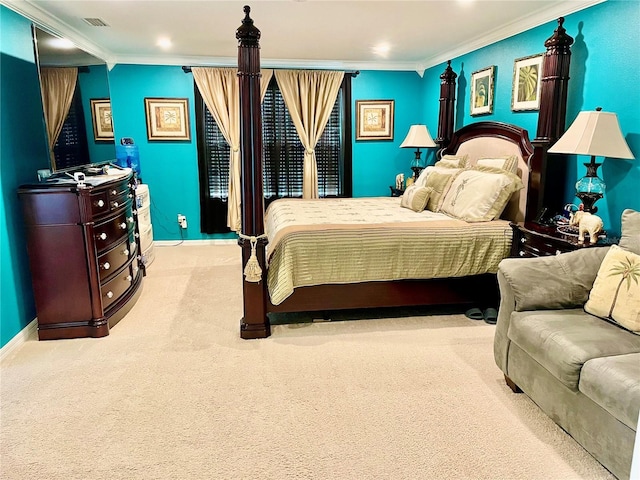 bedroom featuring light colored carpet and ornamental molding