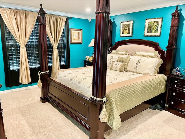 bedroom with light carpet and ornamental molding