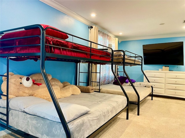 carpeted bedroom featuring ornamental molding