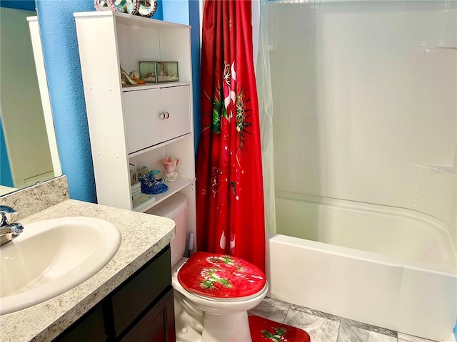 full bathroom with vanity, shower / bath combination with curtain, and toilet