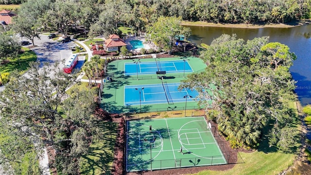 drone / aerial view featuring a water view