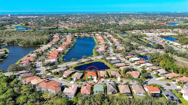 drone / aerial view featuring a water view