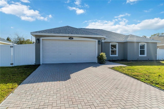 ranch-style home with a garage and a front lawn