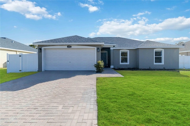 ranch-style home featuring a garage and a front lawn