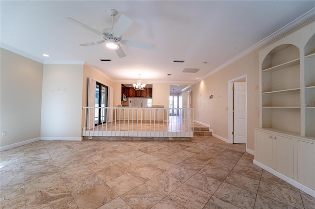 unfurnished living room featuring ceiling fan with notable chandelier, built in features, and ornamental molding