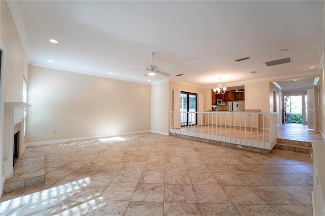 unfurnished living room featuring crown molding and ceiling fan with notable chandelier