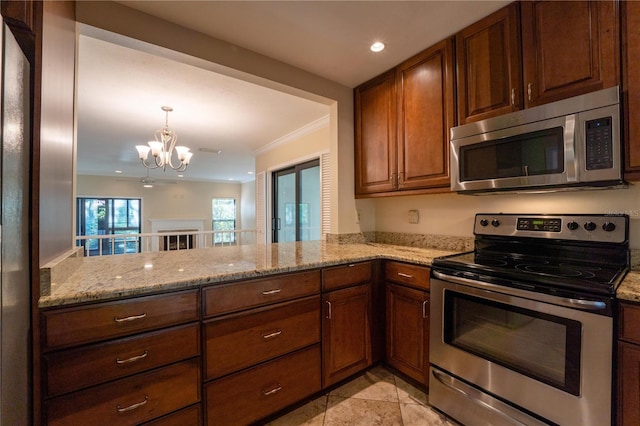 kitchen featuring an inviting chandelier, crown molding, light stone countertops, kitchen peninsula, and stainless steel appliances