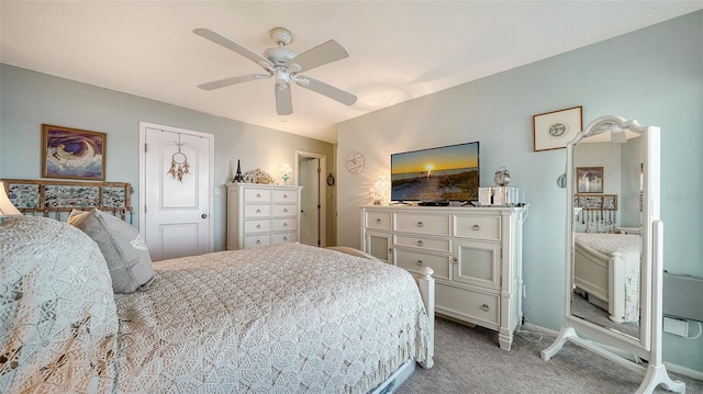 bedroom featuring ceiling fan and light colored carpet