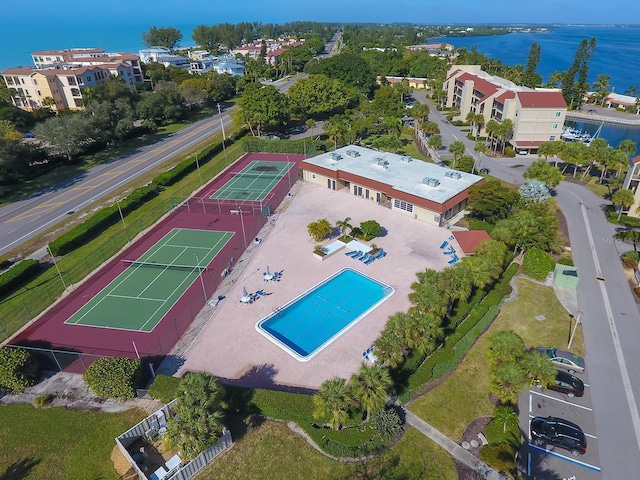 aerial view featuring a water view