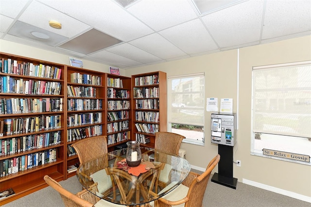 living area with carpet and a drop ceiling