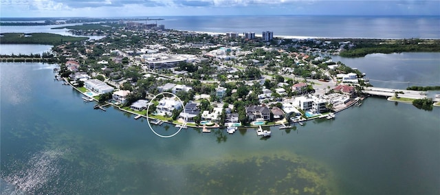 drone / aerial view featuring a water view