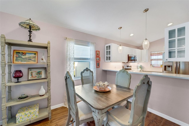 dining space featuring lofted ceiling, plenty of natural light, and dark wood-type flooring