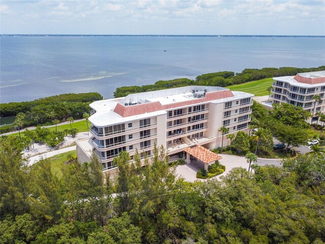 drone / aerial view with a water view