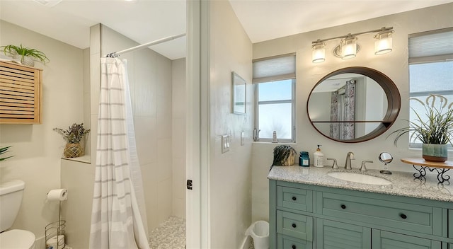 bathroom featuring vanity, toilet, and curtained shower