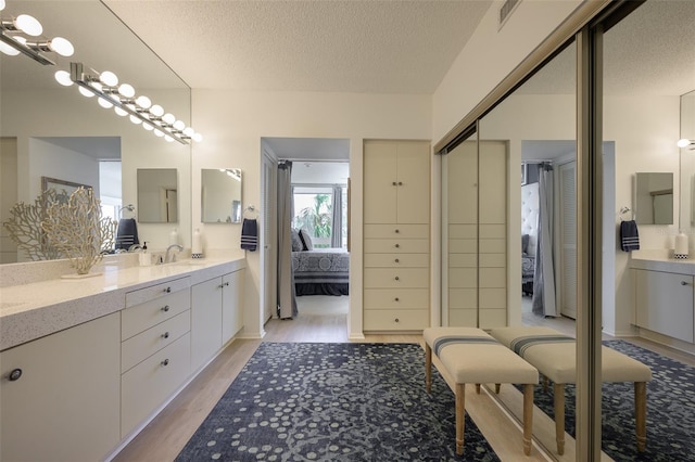 bathroom featuring vanity, a textured ceiling, and hardwood / wood-style flooring