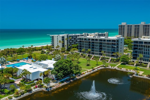 drone / aerial view featuring a water view