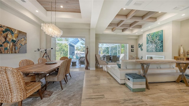 dining room featuring a notable chandelier, plenty of natural light, beam ceiling, and coffered ceiling