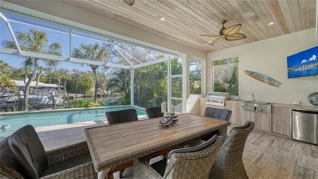 sunroom / solarium featuring ceiling fan, sink, a swimming pool, and wood ceiling