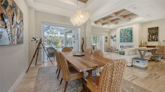 dining area featuring coffered ceiling, beamed ceiling, and a chandelier