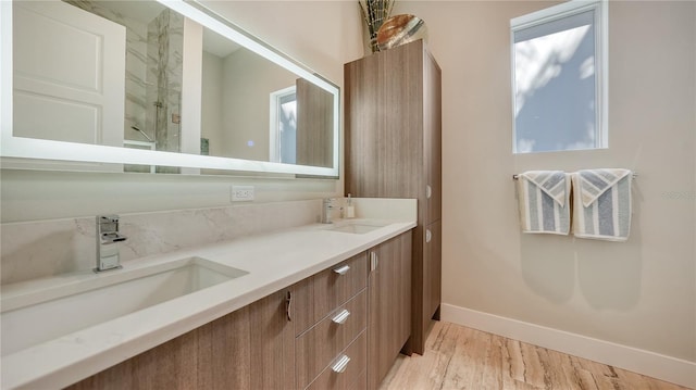 bathroom featuring wood-type flooring, vanity, and a healthy amount of sunlight