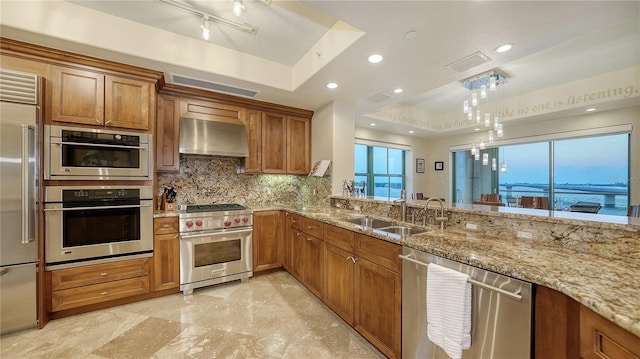 kitchen with sink, a raised ceiling, light stone counters, range hood, and high quality appliances