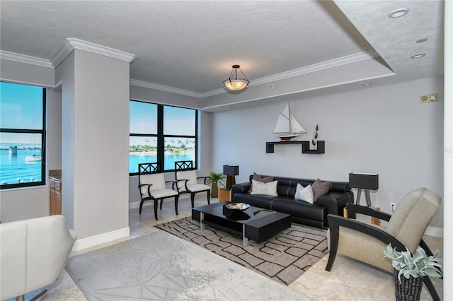 258 Golden Gate Pt Unit 801, Sarasota, FL 34236 - living room with ornamental molding and baseboards