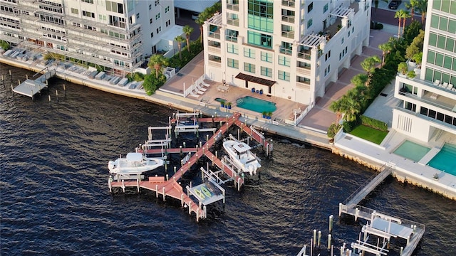 birds eye view of property featuring a water view