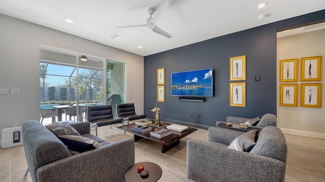 living room featuring ceiling fan