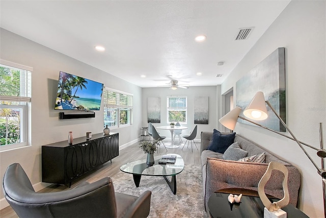 730 40th St, Sarasota, FL 34234 - living room featuring plenty of natural light, light wood-style flooring, recessed lighting, and ceiling fan