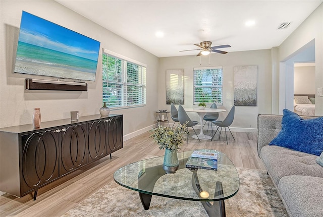 730 40th St, Sarasota, FL 34234 - living area with healthy amount of natural light, a ceiling fan, and light wood-style flooring