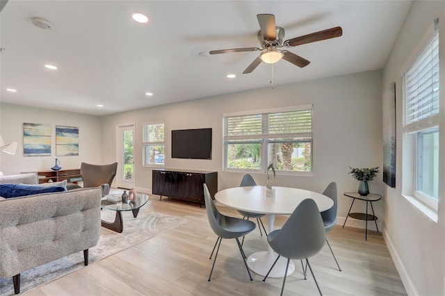 730 40th St, Sarasota, FL 34234 - dining area with light wood finished floors, recessed lighting, and a ceiling fan
