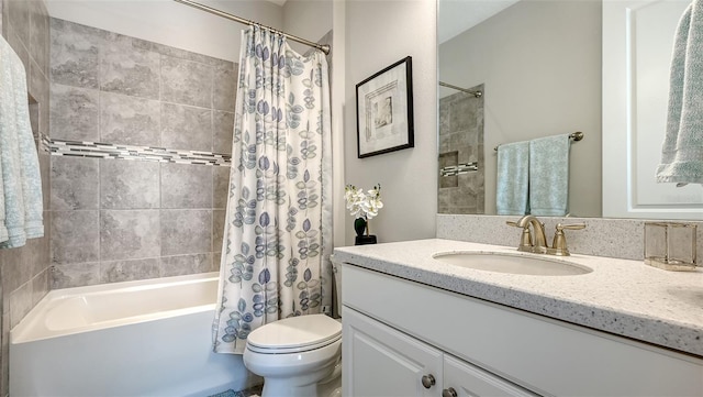 full bathroom with vanity, shower / bathtub combination with curtain, and toilet