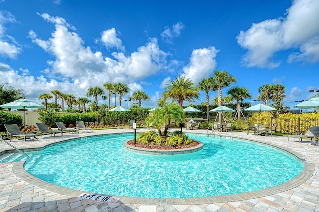 view of swimming pool featuring a patio