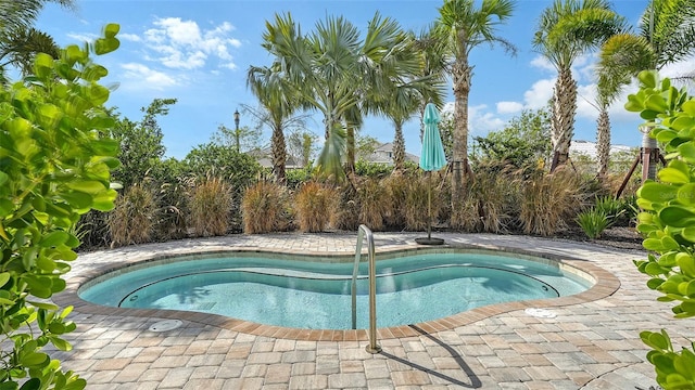 view of swimming pool featuring an in ground hot tub and a patio area