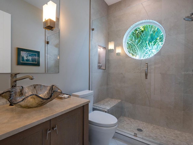 bathroom with vanity, a shower with shower door, and toilet