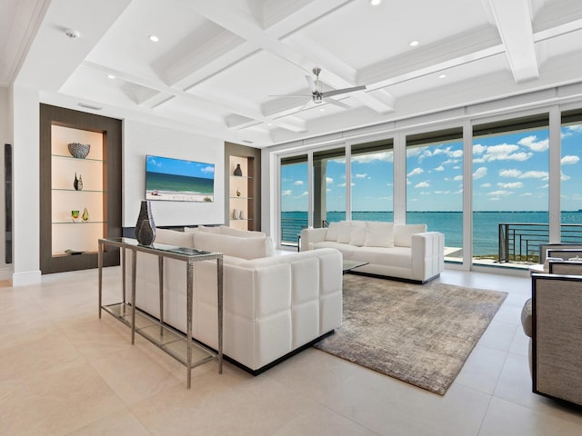 living room with floor to ceiling windows, coffered ceiling, ceiling fan, beam ceiling, and built in features