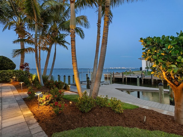 exterior space with a water view and a boat dock