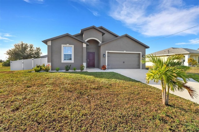 single story home featuring a front yard and a garage