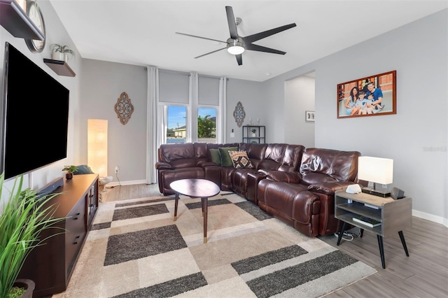 living room featuring ceiling fan and light hardwood / wood-style flooring