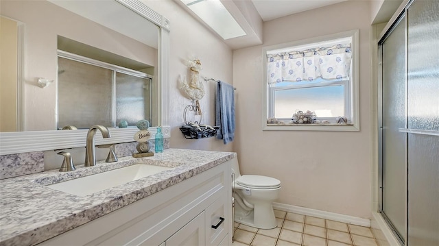 bathroom with tile patterned floors, vanity, toilet, and walk in shower