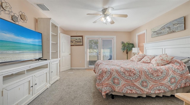 bedroom with access to exterior, ceiling fan, french doors, and light colored carpet