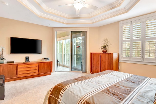 carpeted bedroom with access to outside, multiple windows, and a raised ceiling